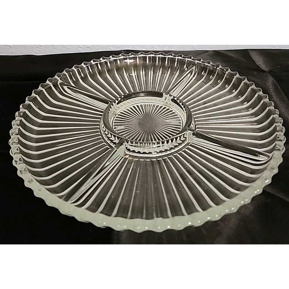 Vintage Heavy Clear Ribbed 5 Section Divided 10" dia Round Serving Tray Plate